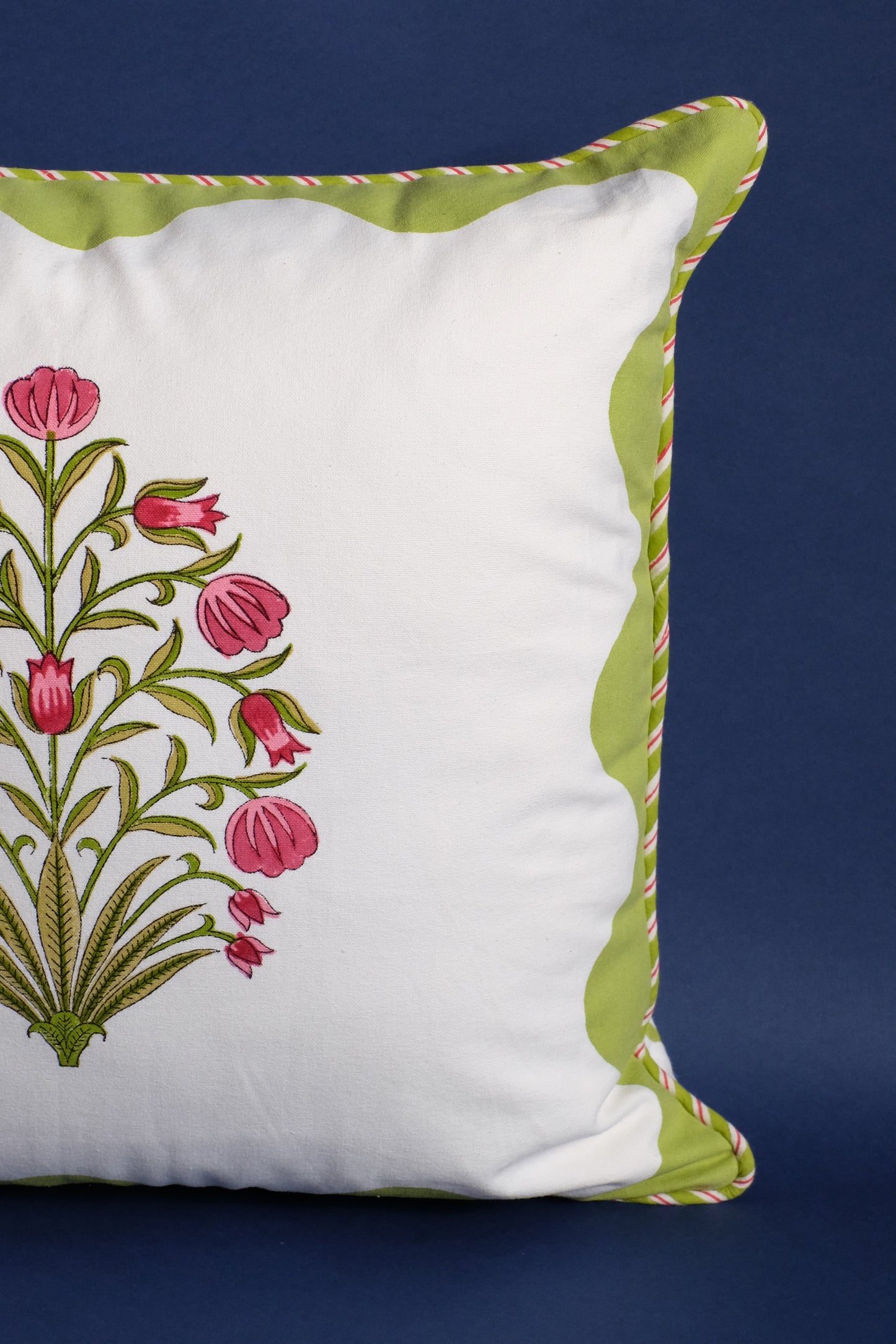 Green Scallop Flora Blockprint Pillow