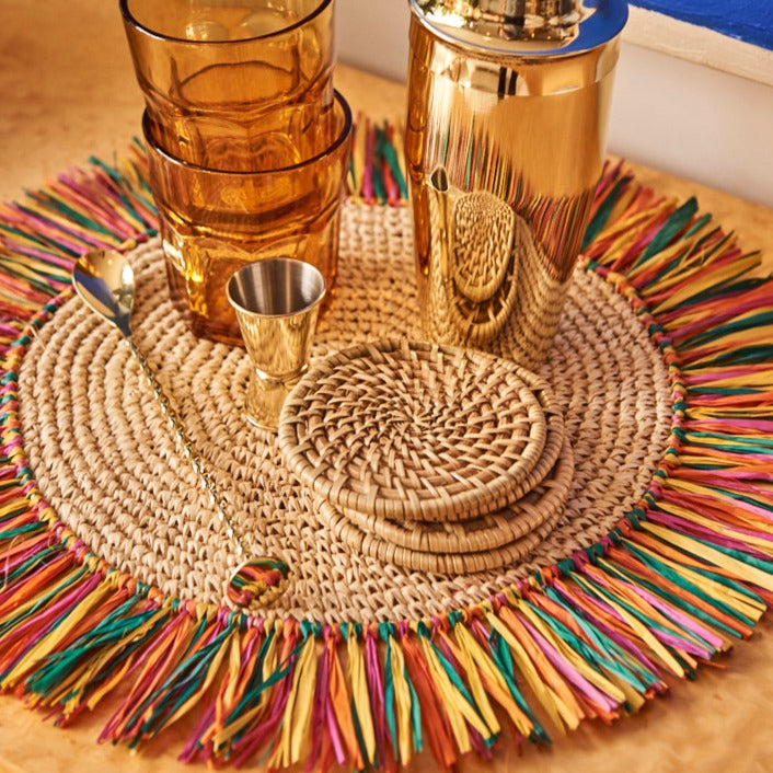 Pahiyas Woven Raffia Fringe Placemats Multi Rainbow, Set of 2