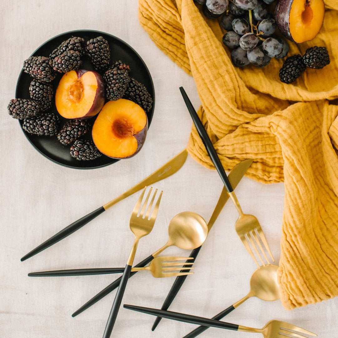 Luna Flatware Set of 5- Gold and Black Stainless Steel-Darling Spring