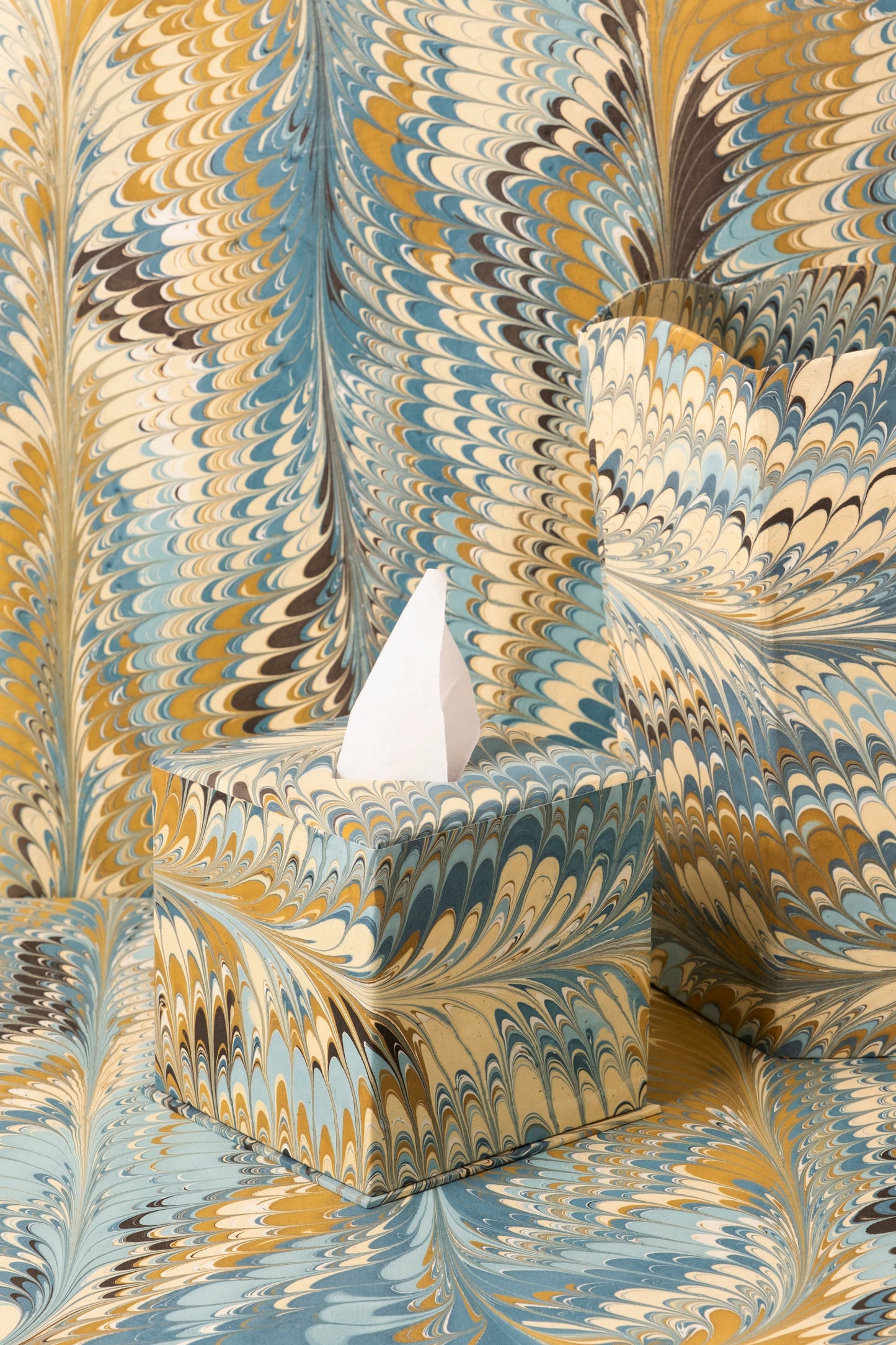 Hand-Marbled Tissue Box Cover in Nila Feathers