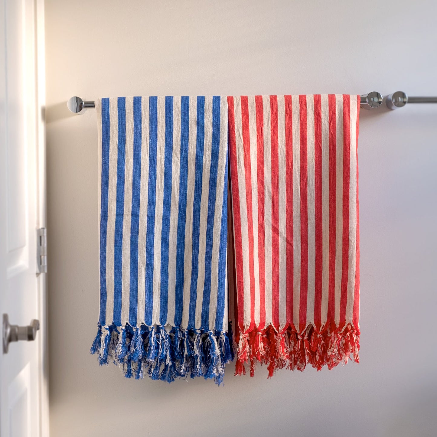 Darling Spring-Coral Stripe Turkish Towel -Hanging -Red and White stripes