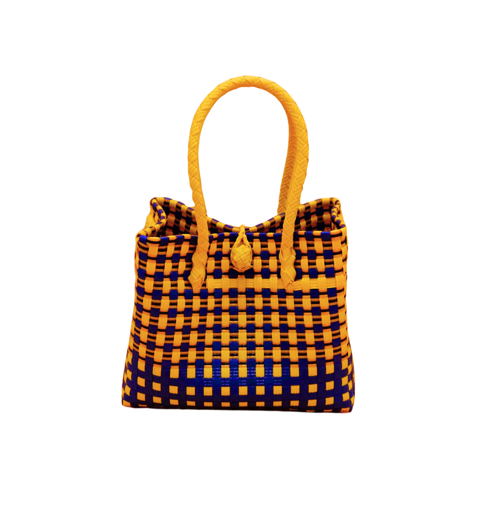 "Saigon Birkin" Recycled Plastic Bag in Blue/Yellow