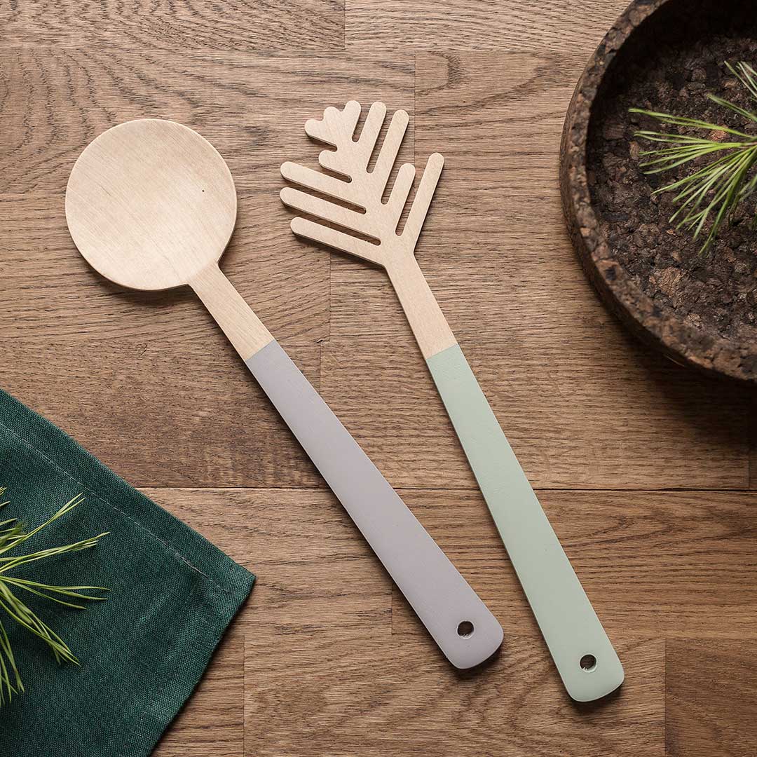 Salad Servers-Birch Wood Gray and Green Handles-Darling Spring