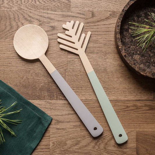 Salad Servers-Birch Wood Gray and Green Handles-Darling Spring