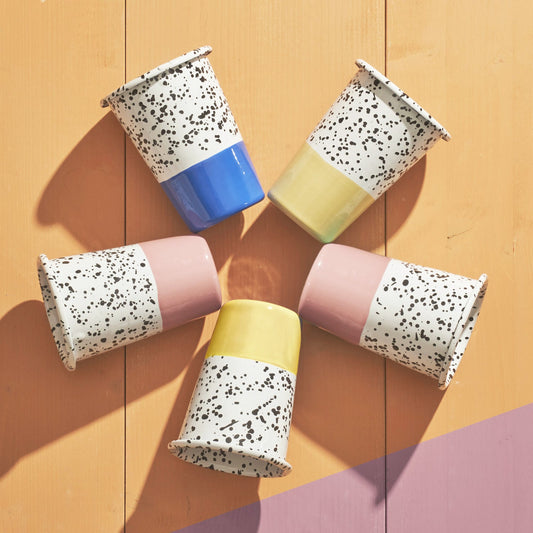 Darling Spring Enamel Large Tumblers- Pink Yellow Turquoise Green Cobalt Blue bottoms and white top with black sparkles Mind-pop Kapka