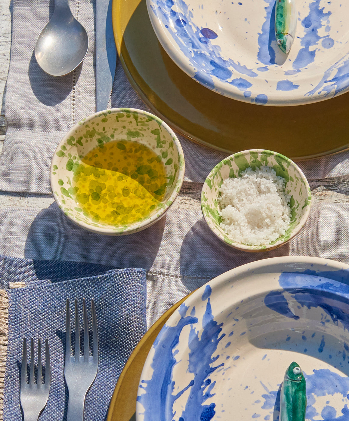 Green Splatterware Oil & Salt Dish Set