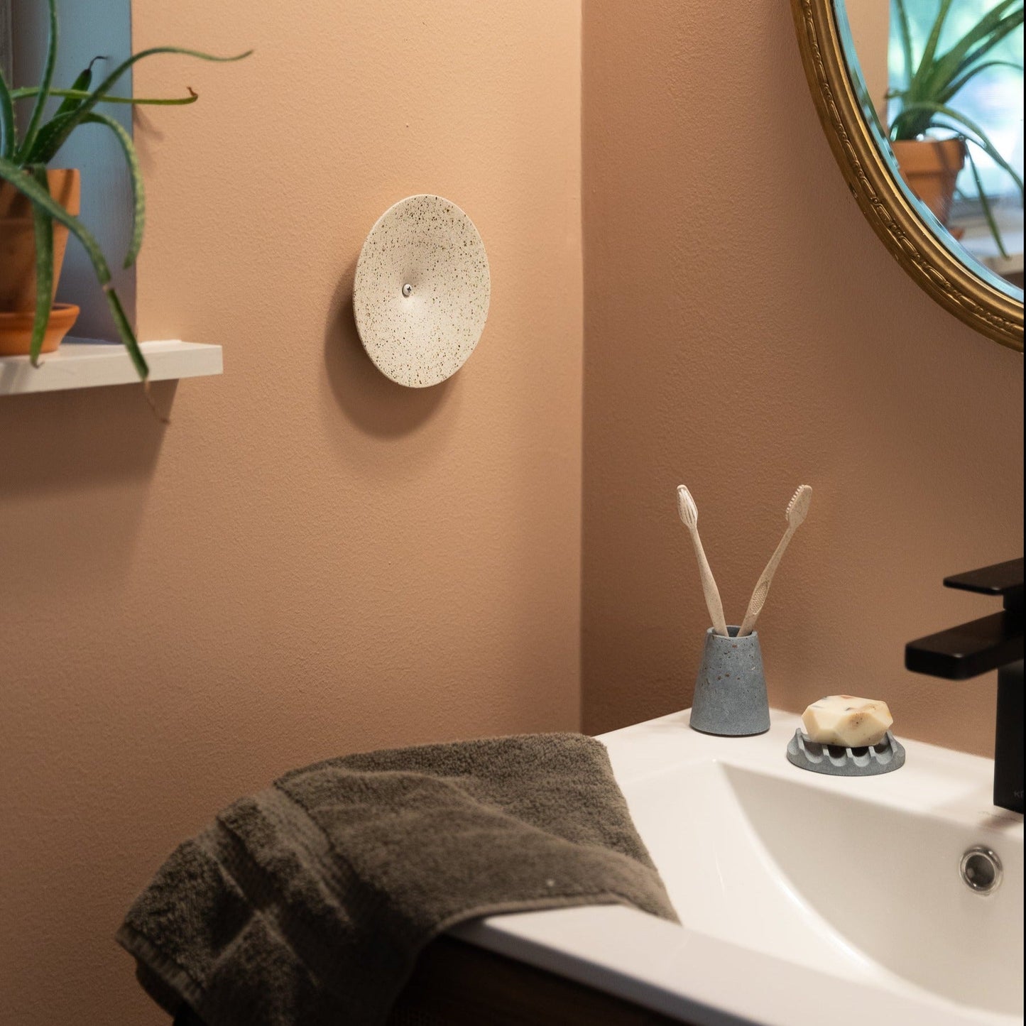 Mini Soap Dish in Light Blue Terrazzo, style with a toothbrush holder & dimple wall hook.