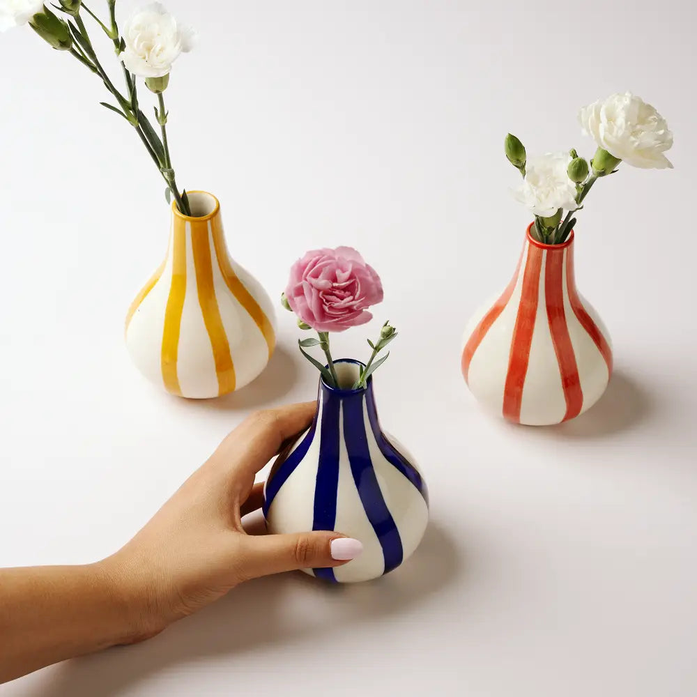 Ceramic Stripe  bud vase, Yellow-  3.5 x 3.5 x 4.75 Inches , Set of 2