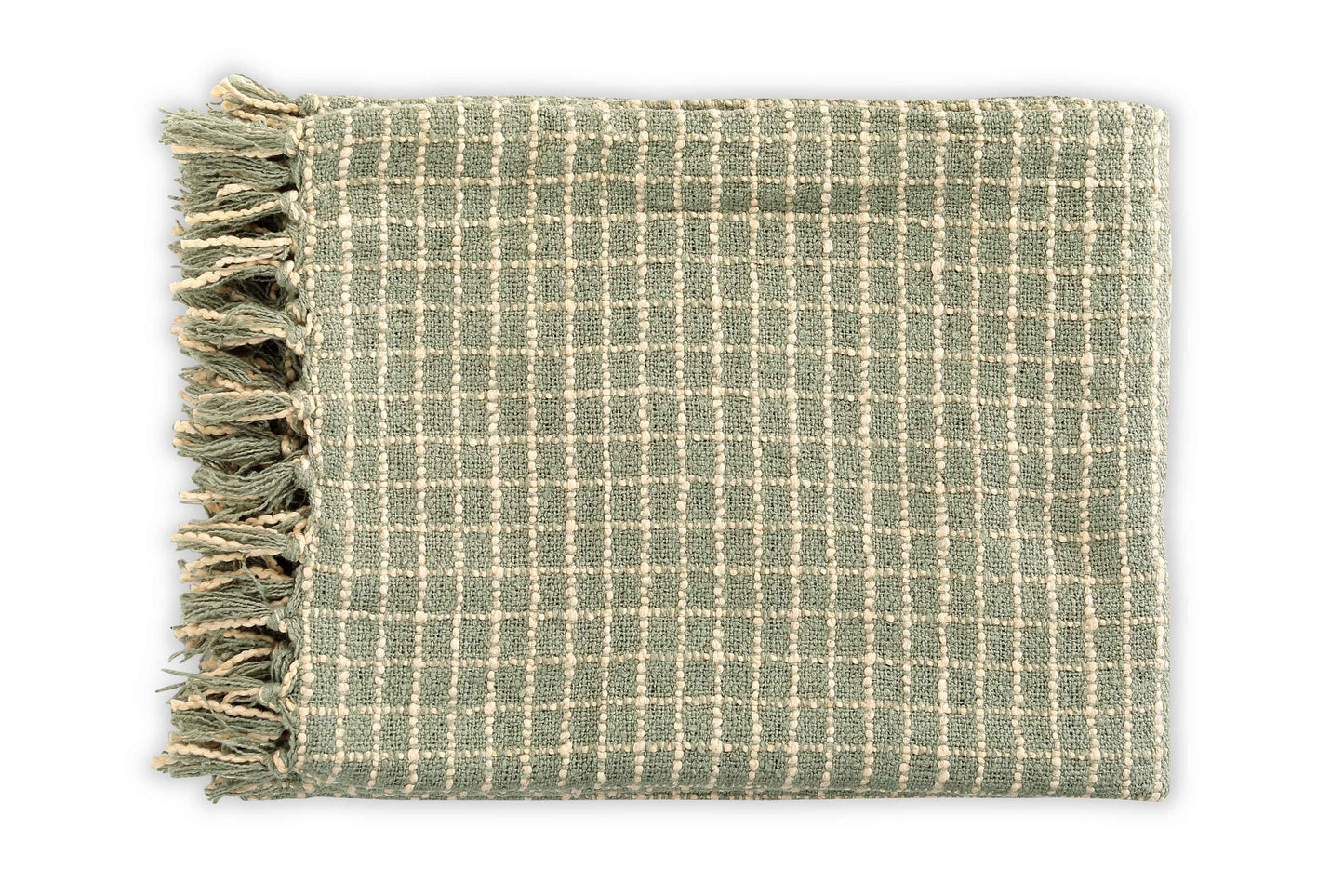 Cotton Boucle Small Checkered Throw Blanket - Sage Ivory