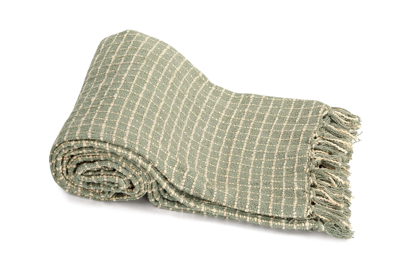 Cotton Boucle Small Checkered Throw Blanket - Sage Ivory