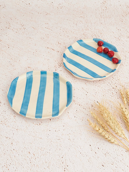 Ceramic Aqua stripe plate, 6.3x6.3 Inches (Set of 4)