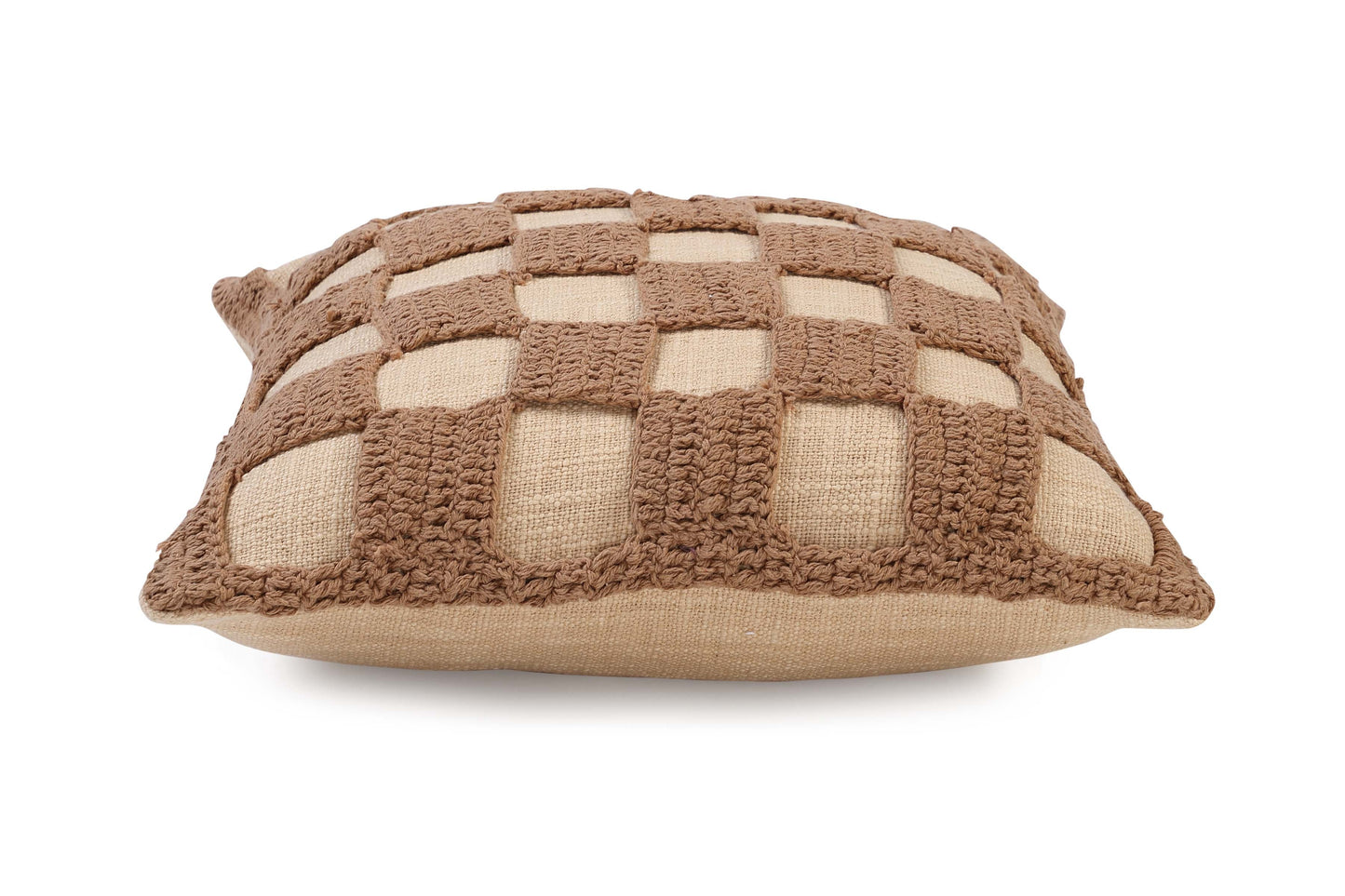 Tarika Checkered Crochet Accent Pillow, Beige- 18x18 Inch