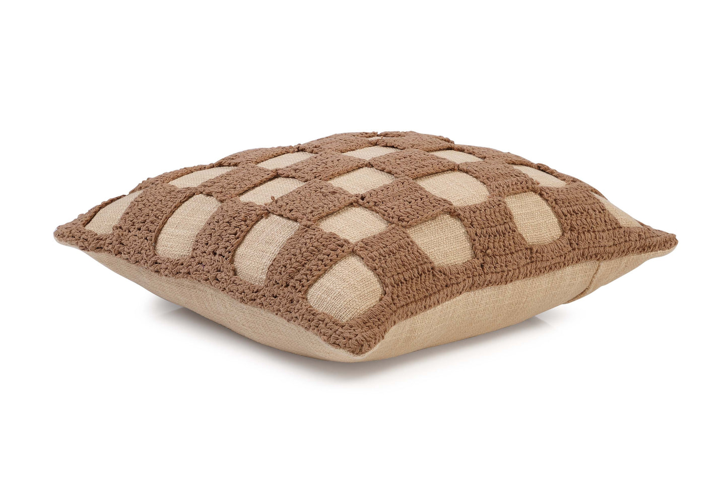 Tarika Checkered Crochet Accent Pillow, Beige- 18x18 Inch