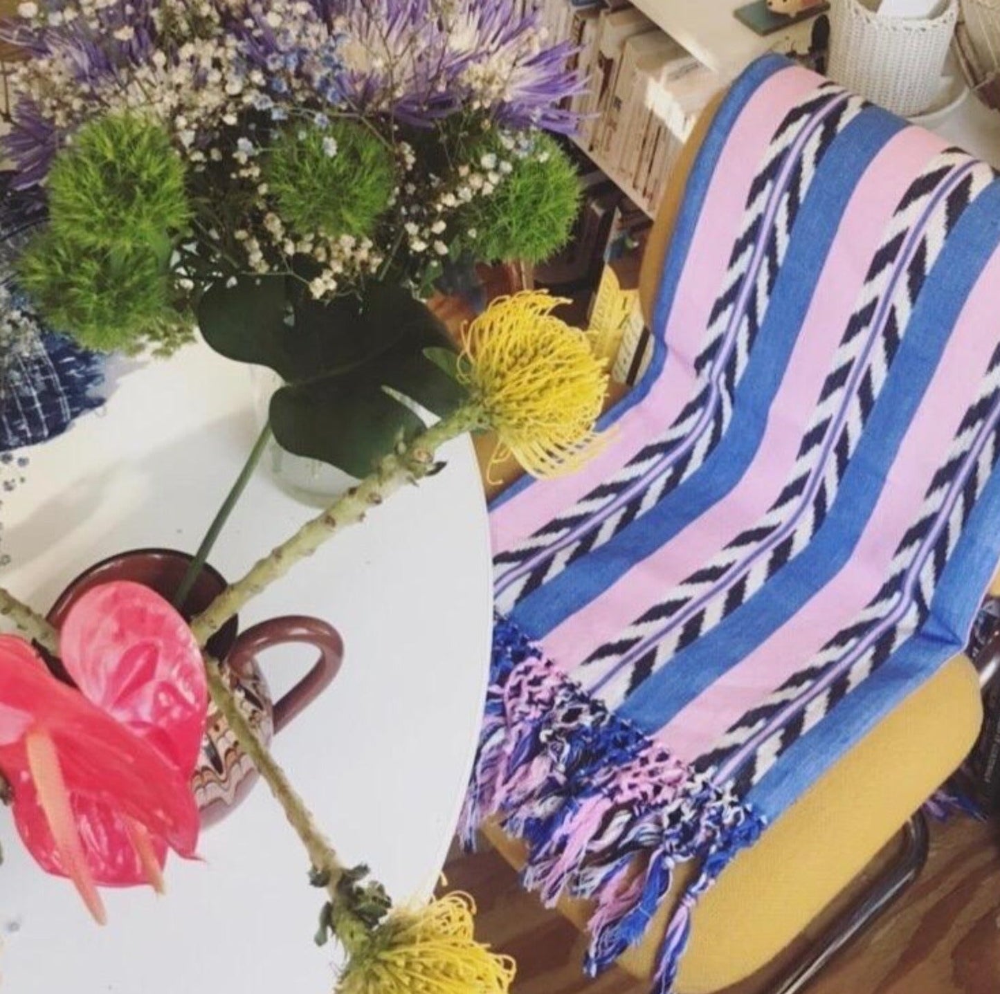 Palm Ikat Blanket in Blue & Pink