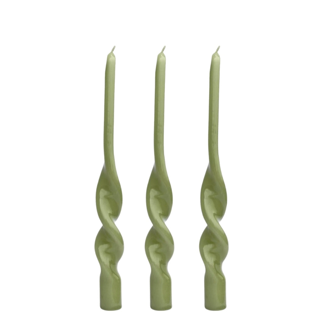 TWIST TAPER CANDLES, GREEN (SET OF 3)