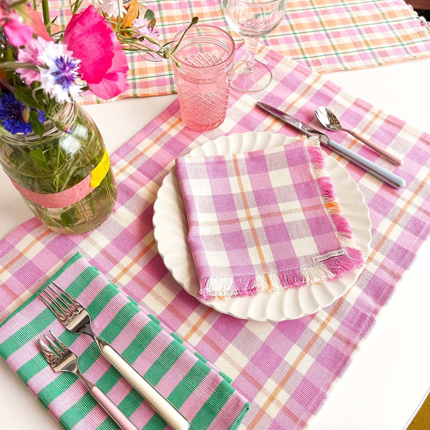 Abigail Plaid Party Napkin in Bubblegum and Peach