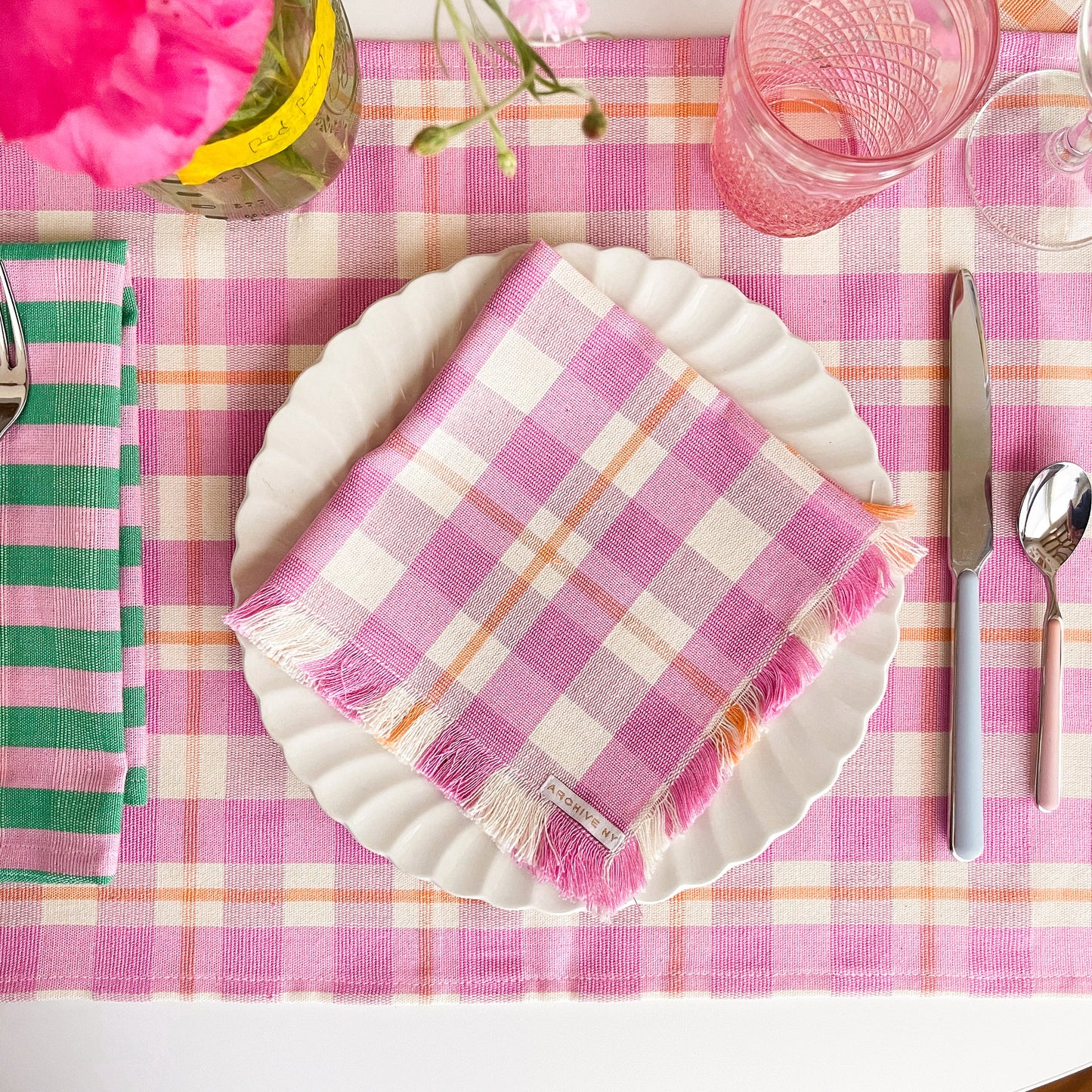Abigail Plaid Party Napkin in Bubblegum and Peach