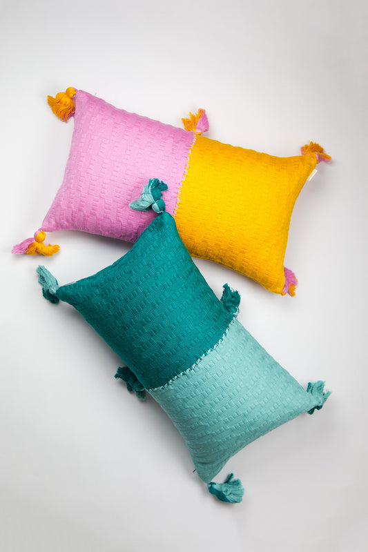 Antigua Pillow - Colorblocked Pink and Orange / Jade Green