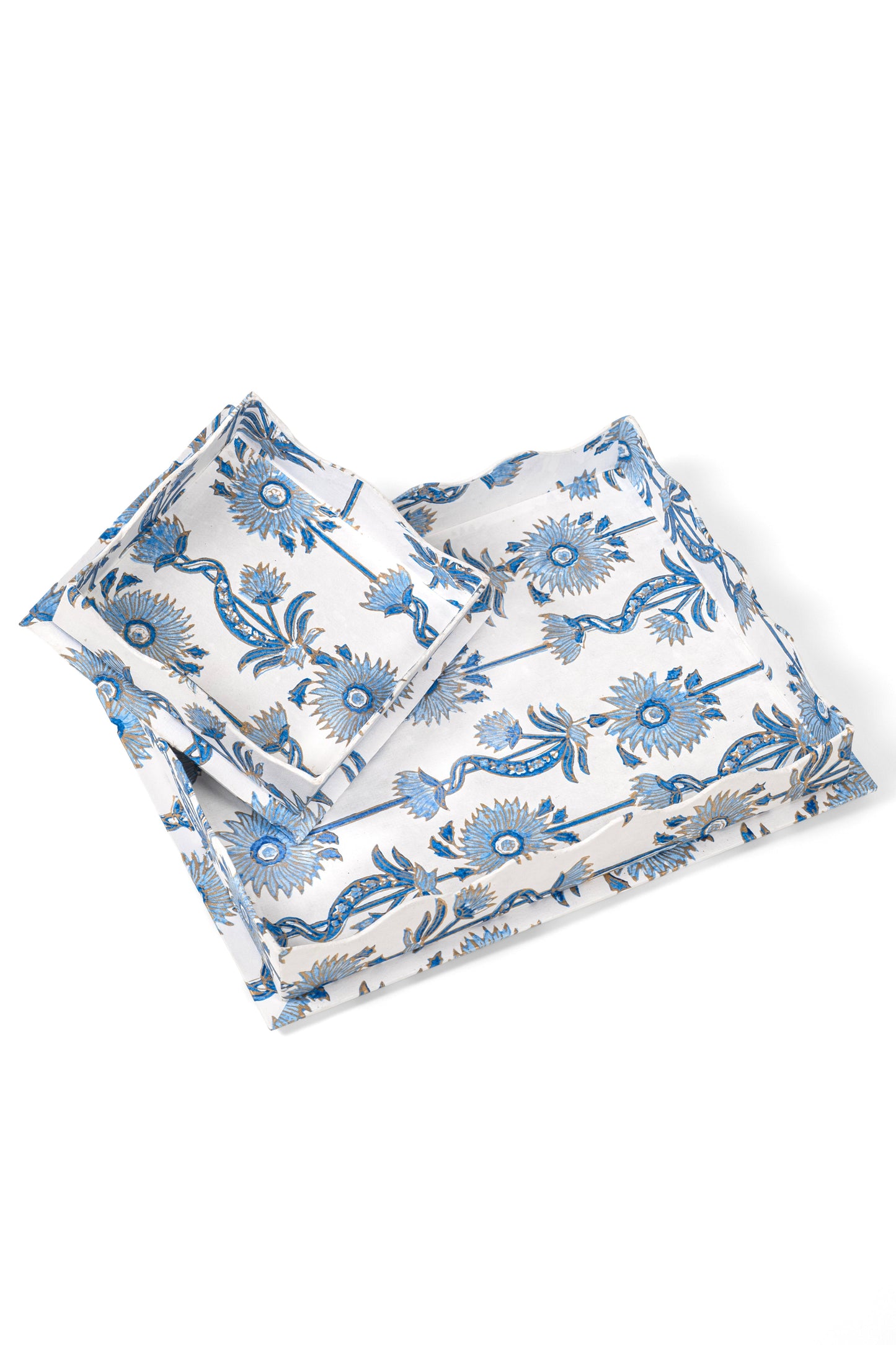 Nesting Scalloped Floral Vines Blockprint Trays in Blue