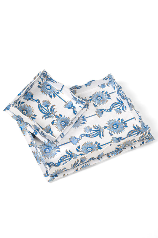 Nesting Scalloped Floral Vines Blockprint Trays in Blue