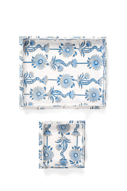 Nesting Scalloped Floral Vines Blockprint Trays in Blue