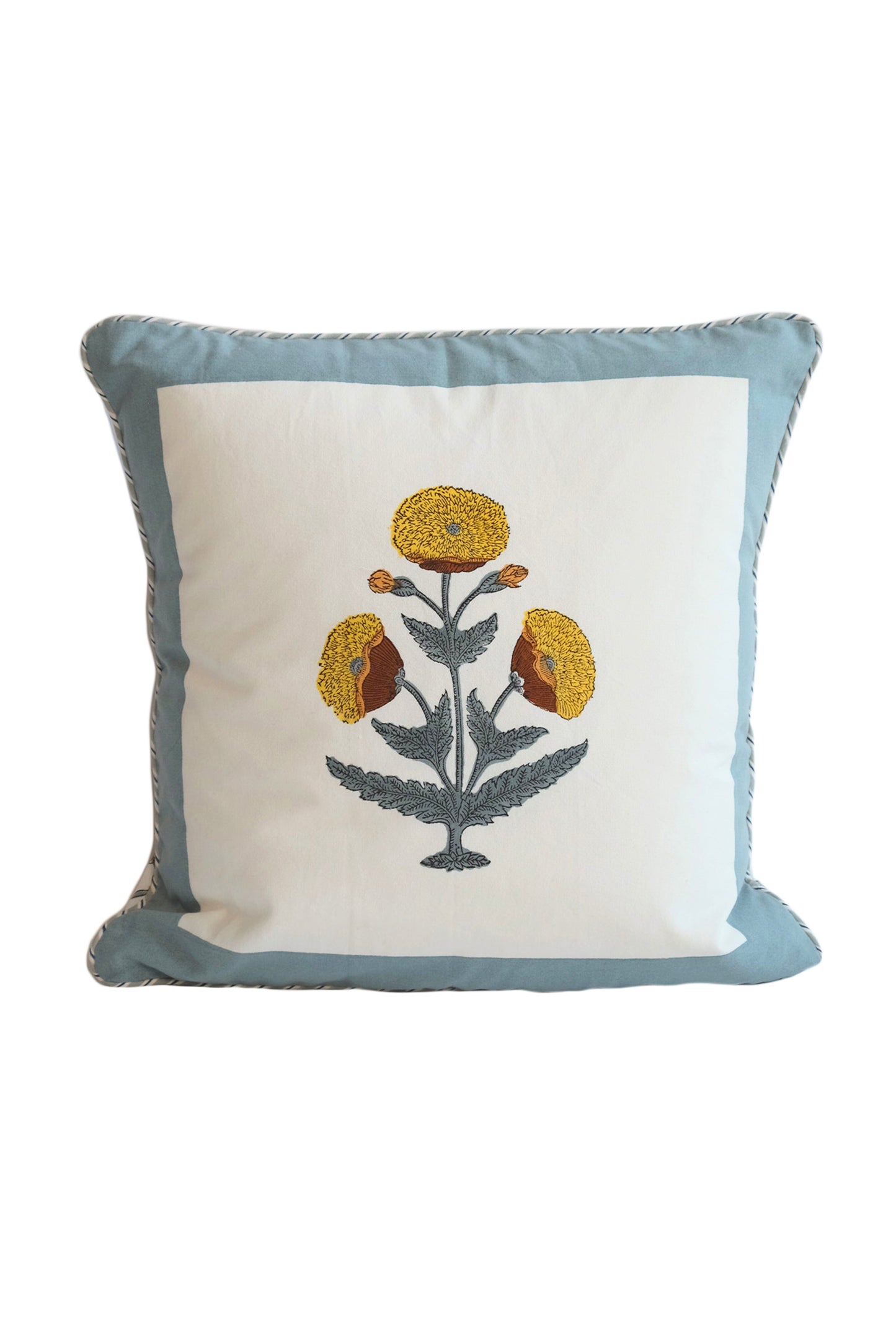 Blue Poppy Blockprint Pillow