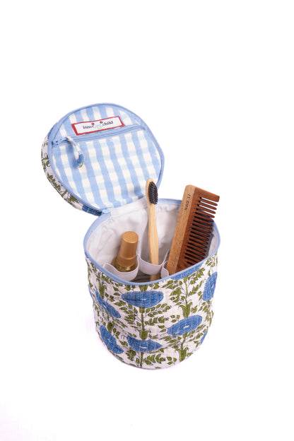 Blue Araminta Round Upright Makeup Bag