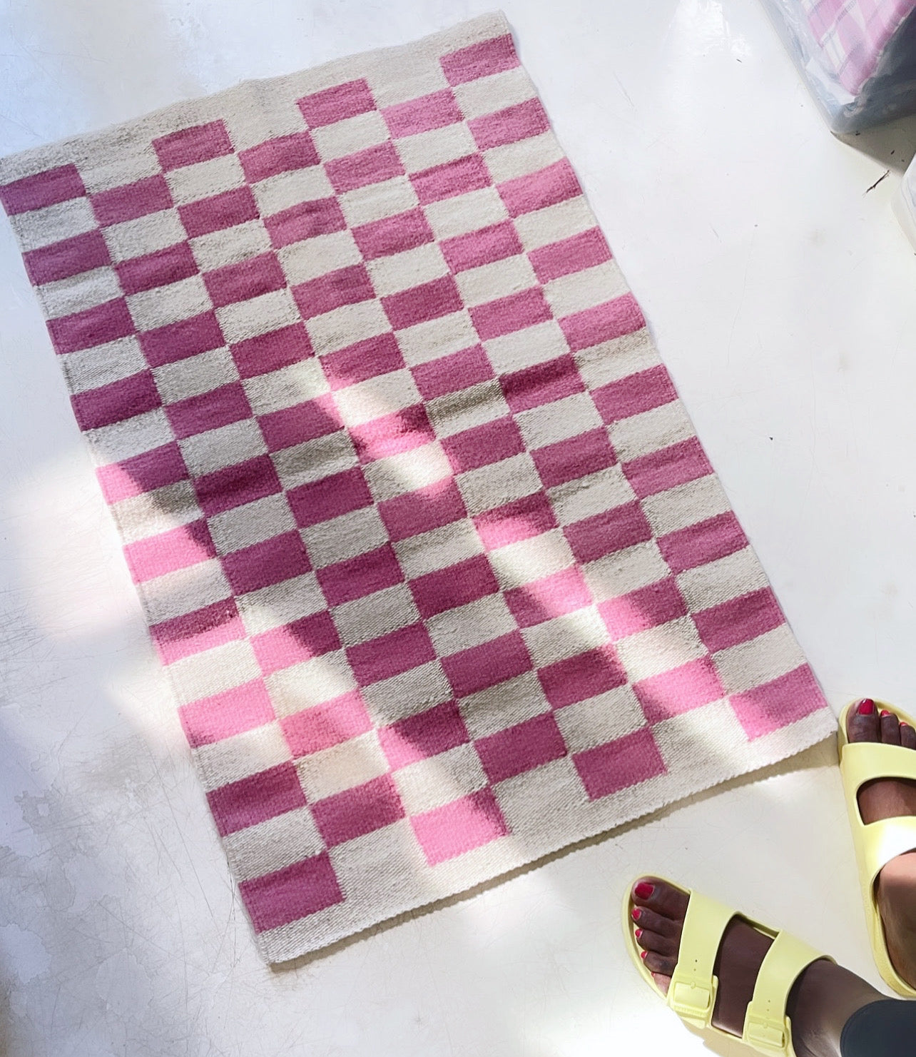 Zapotec Checkered Rug in Pink & Ivory