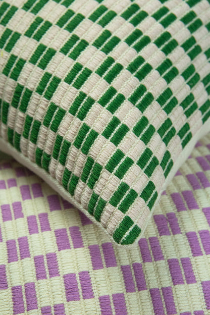 Checkered Brocade Pillow - Green & Cream