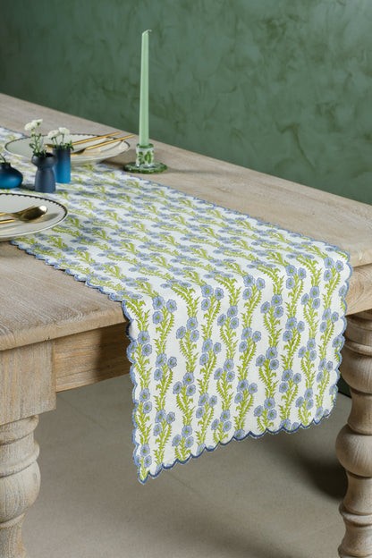 Forget-Me-Not Scallop Embroidered Blockprint Tablerunner