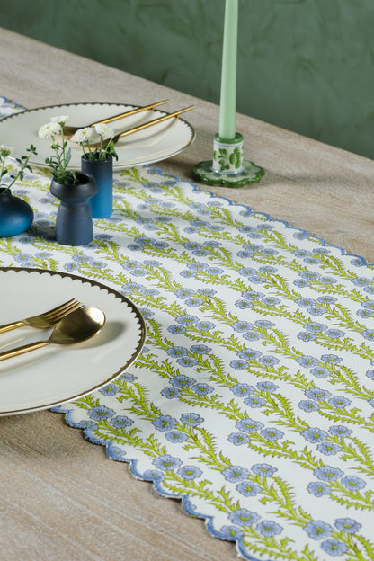 Forget-Me-Not Scallop Embroidered Blockprint Tablerunner