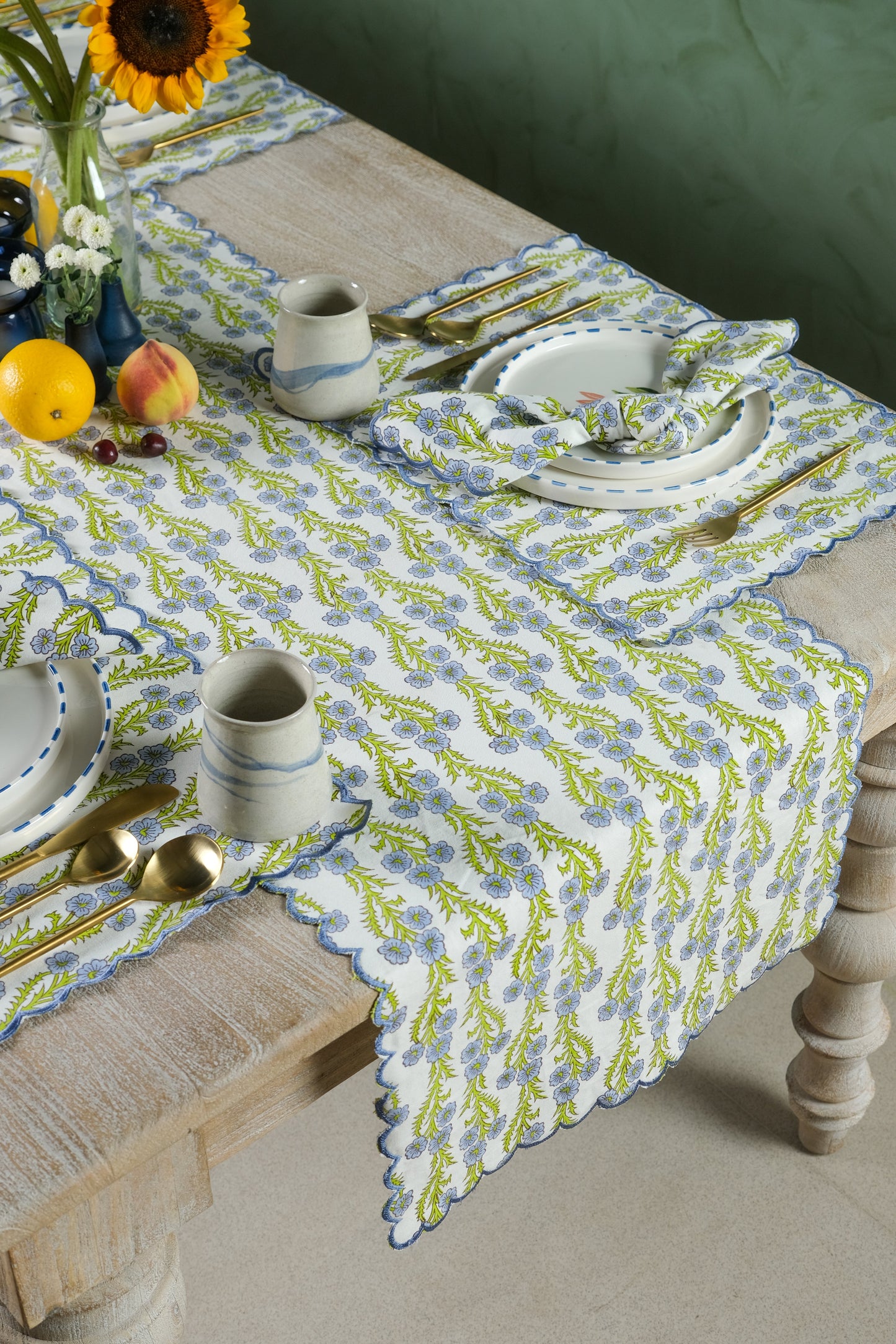 Forget-Me-Not Scallop Embroidered Blockprint Tablerunner