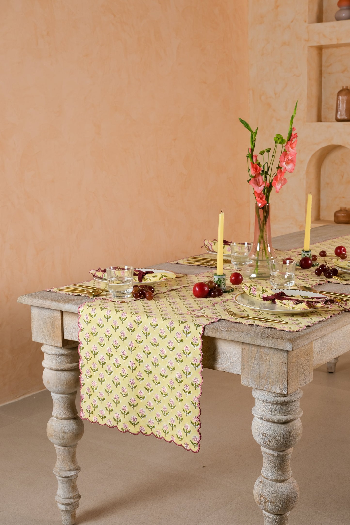 Mona Scallop Embroidered Blockprint Tablerunner in Butter Yellow