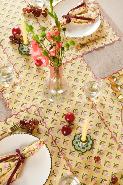 Mona Scallop Embroidered Blockprint Tablerunner in Butter Yellow
