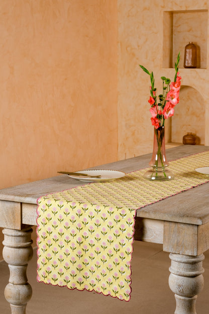 Mona Scallop Embroidered Blockprint Tablerunner in Butter Yellow