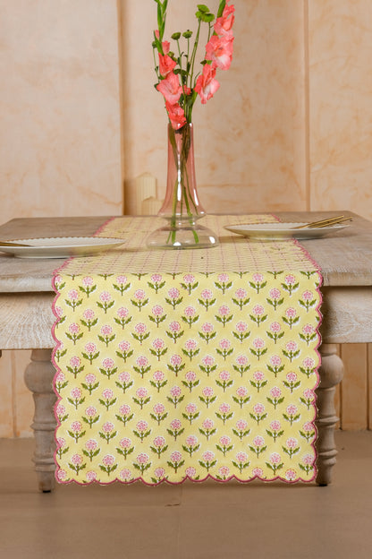 Mona Scallop Embroidered Blockprint Tablerunner in Butter Yellow
