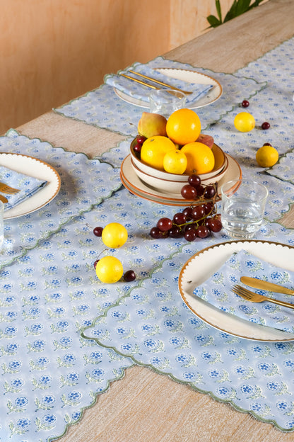 Mona Scallop Embroidered Blockprint Tablerunner in Blue