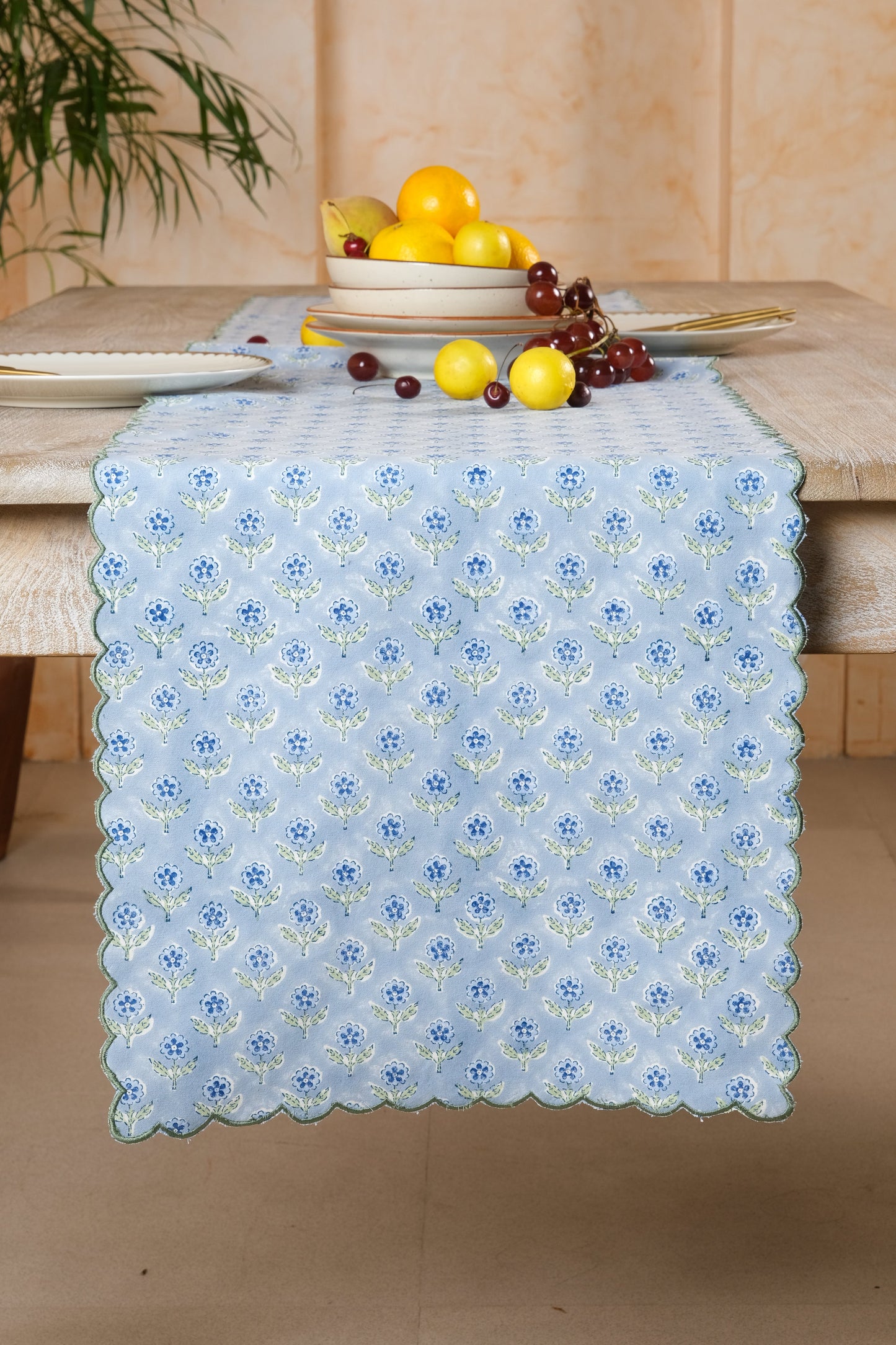 Mona Scallop Embroidered Blockprint Tablerunner in Blue