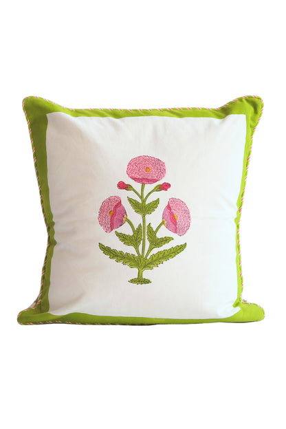 Green Poppy Blockprint Pillow