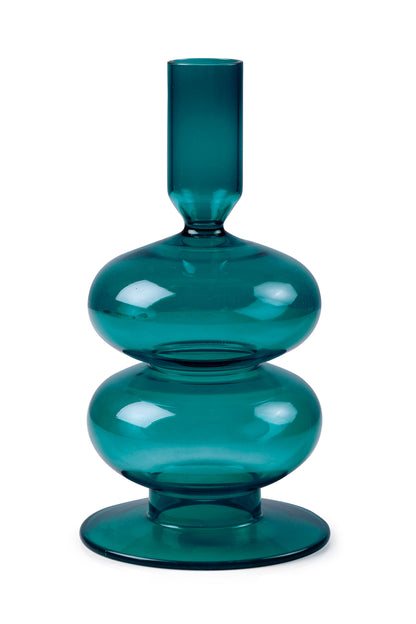 Retro Wavy Glass Candle Holder- 7 x3.5 Inches, Teal (Set of 4)