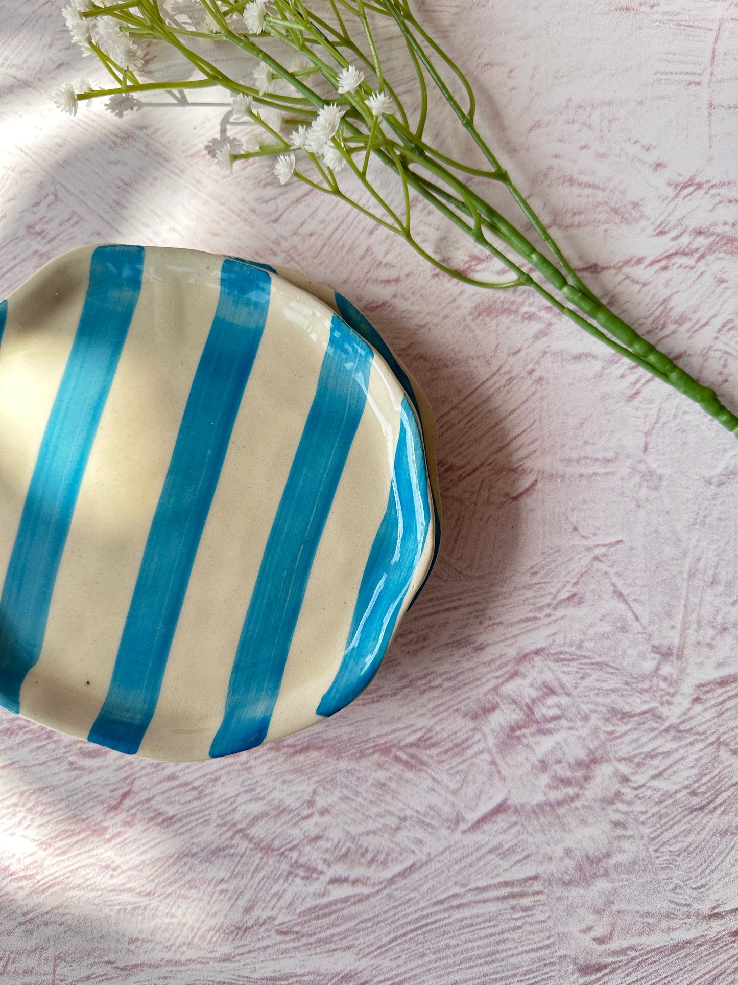 Ceramic Aqua stripe plate, 6.3x6.3 Inches (Set of 4)