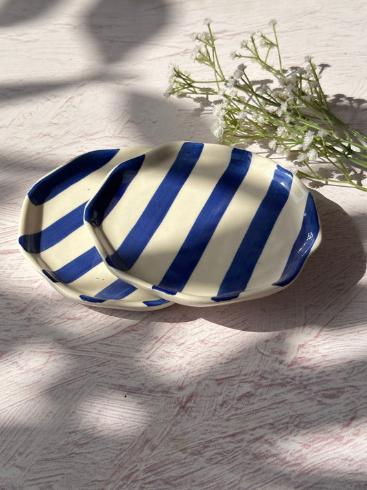 Ceramic Blue stripe plate, 6.3x6.3 Inches (Set of 4)