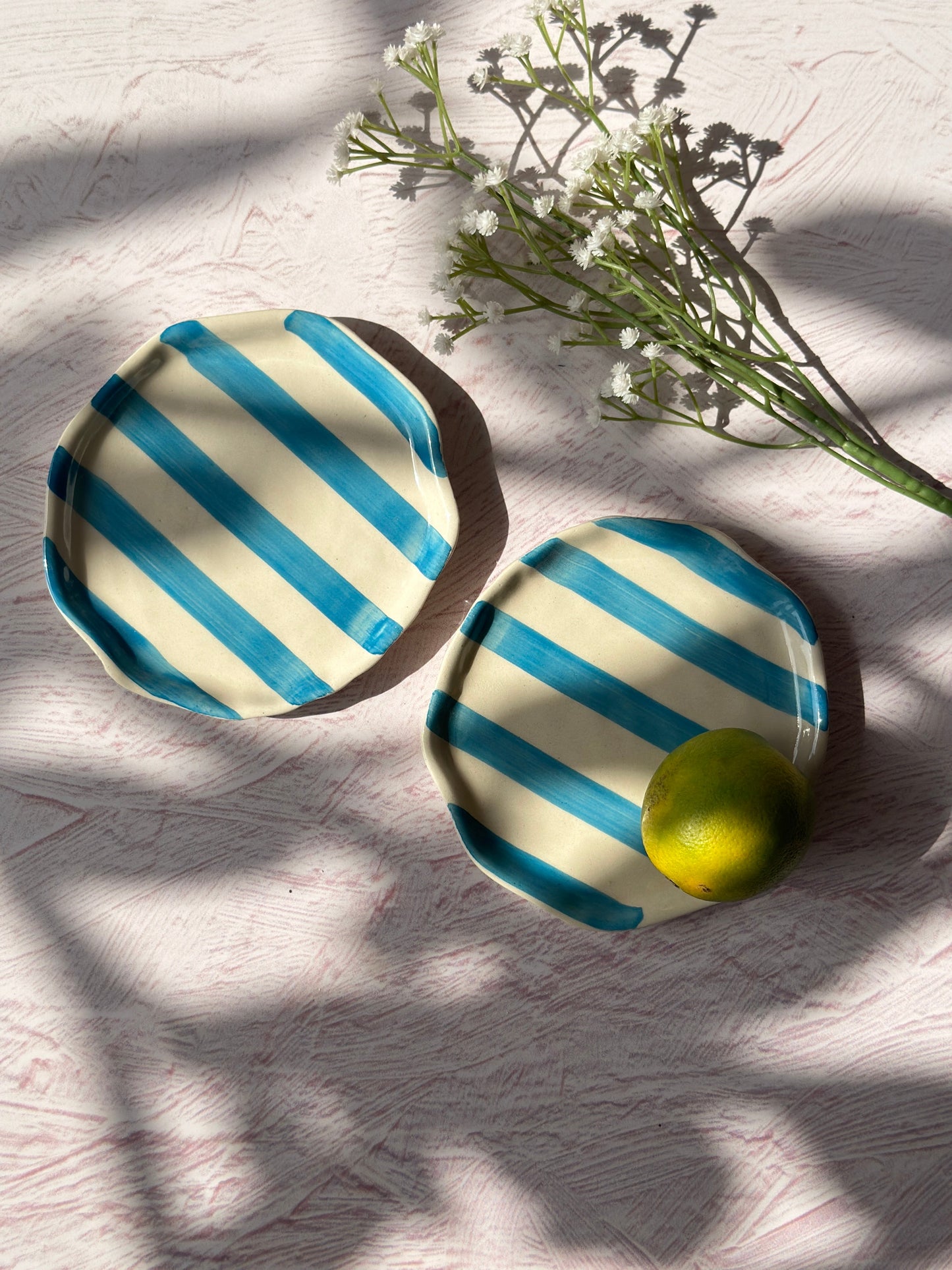 Ceramic Aqua stripe plate, 6.3x6.3 Inches (Set of 4)