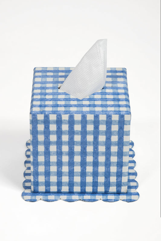 Blockprint Tissue Box Cover in Blue Gingham