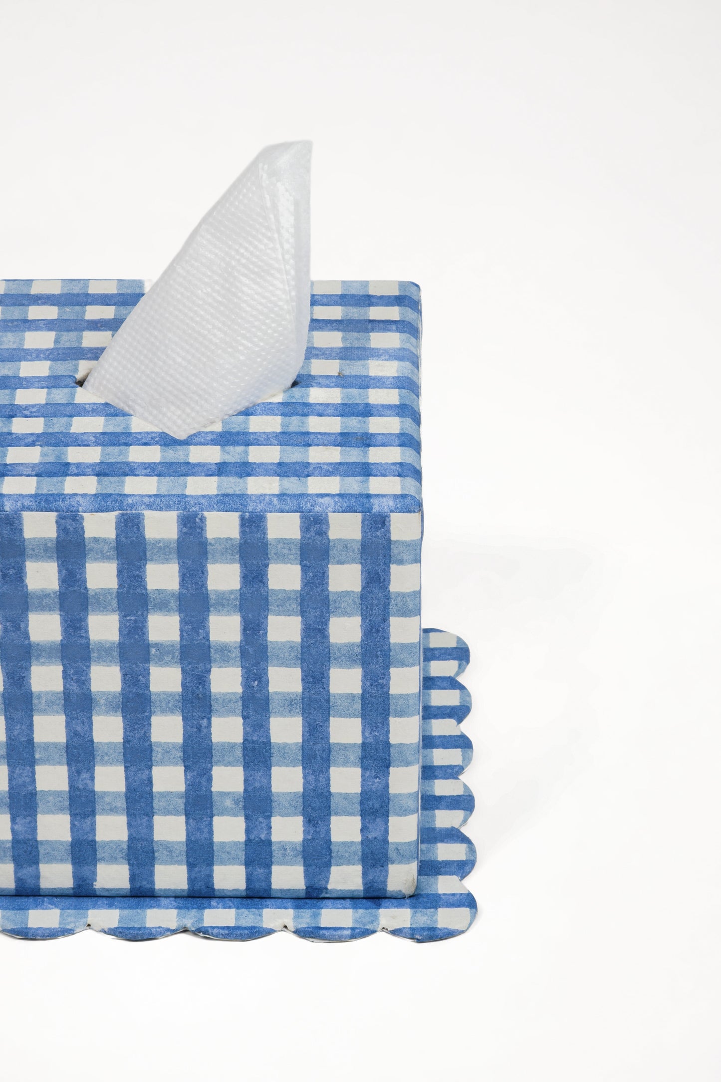 Blockprint Tissue Box Cover in Blue Gingham