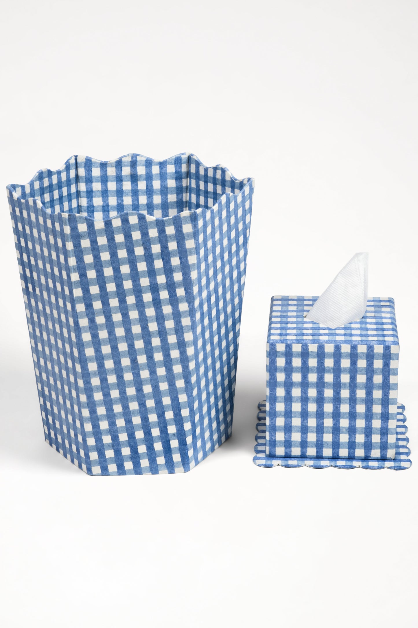 Blockprint Tissue Box Cover in Blue Gingham