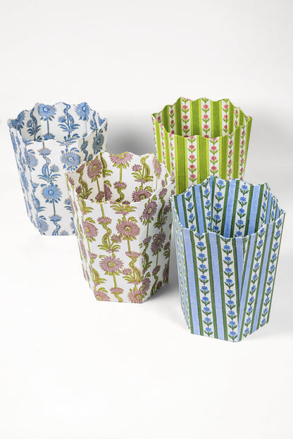 Floral Vines Blockprint Scallop Waste Bin / Storage Bin in Lilac Purple