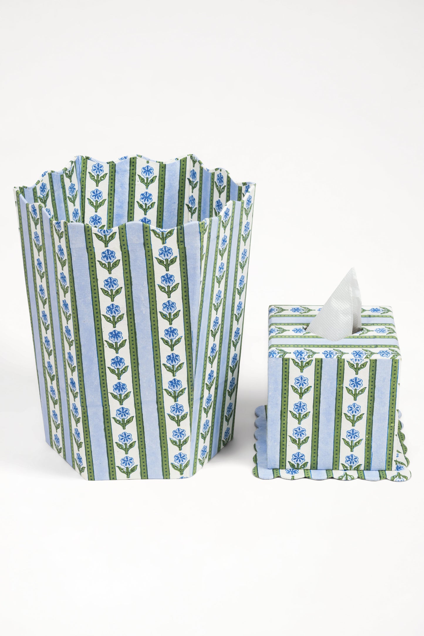 Cottage Garden Blockprint Scallop Tissue Box Cover in Blue