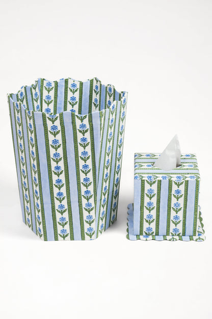 Cottage Garden Blockprint Scallop Tissue Box Cover in Blue
