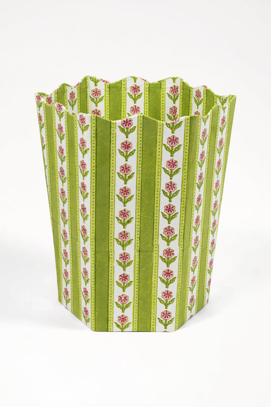 Cottage Garden Blockprint Scallop Waste Bin / Storage Bin in Green